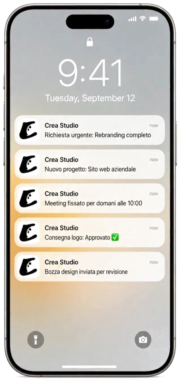 Le notifiche di un nuovo progetto sul telefono di Crea Studio
