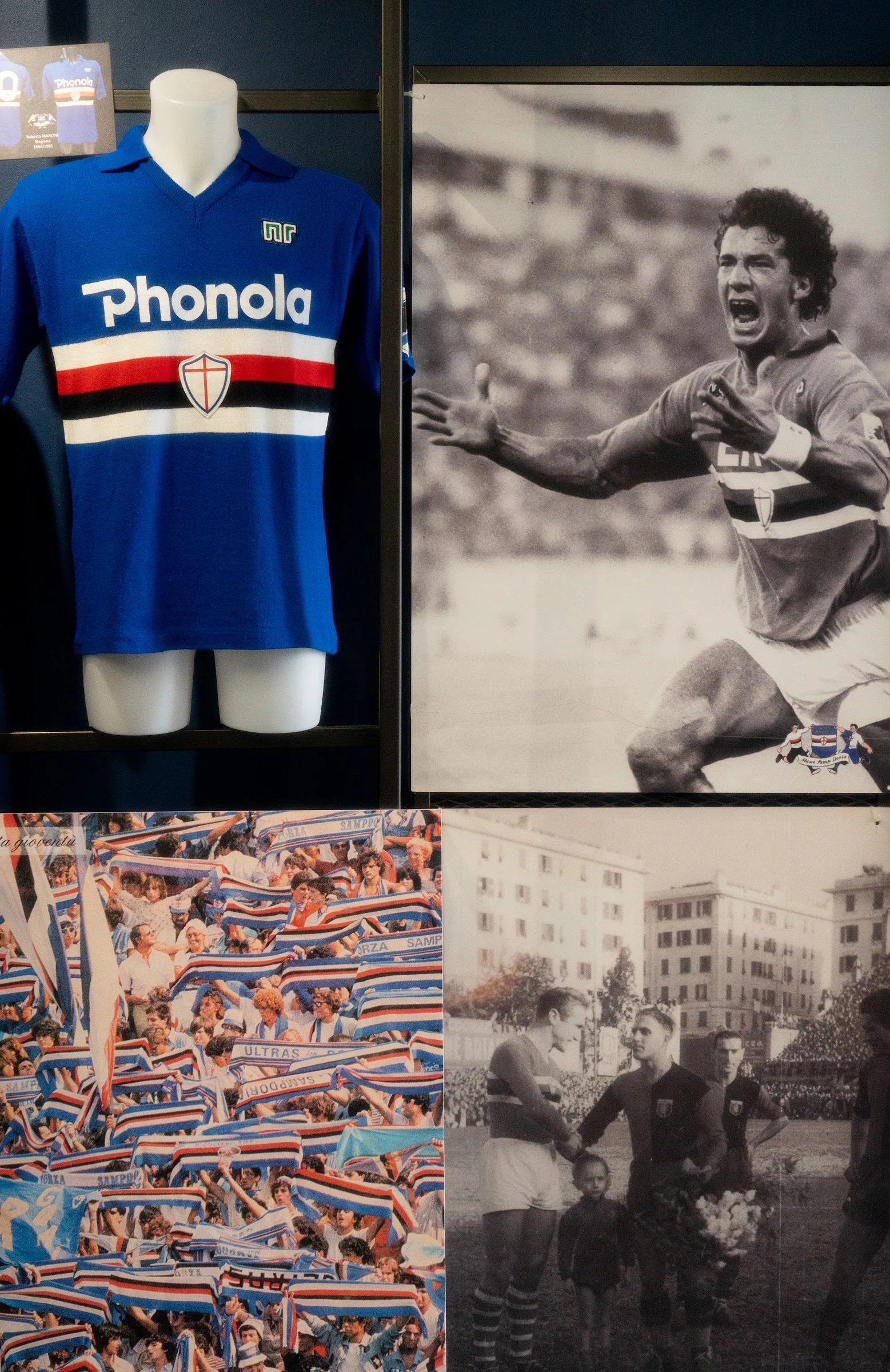 Museo Samp Doria — la maglia Phonola davanti alle foto storiche