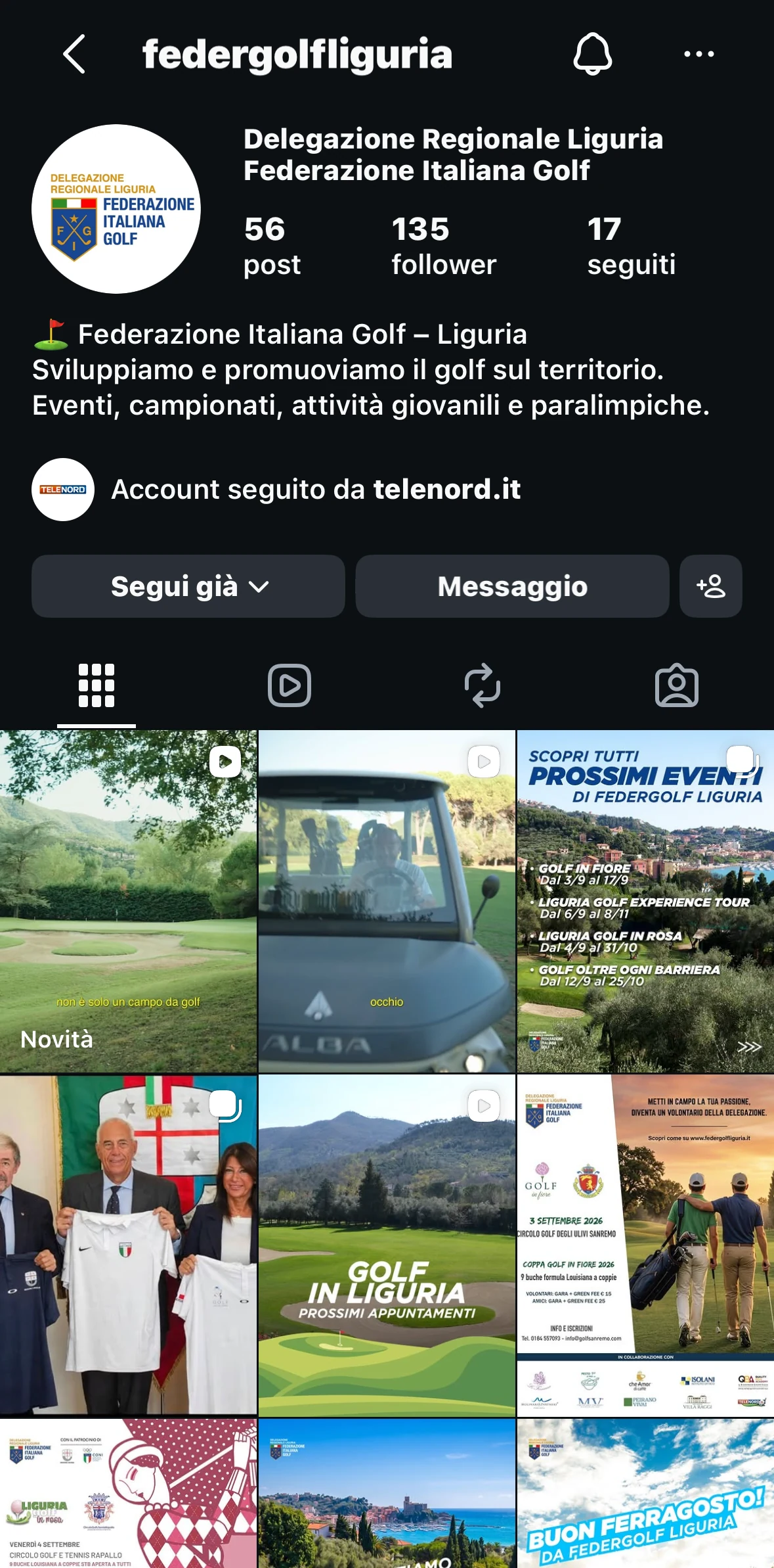 Profilo Instagram @federgolfliguria — 135 follower