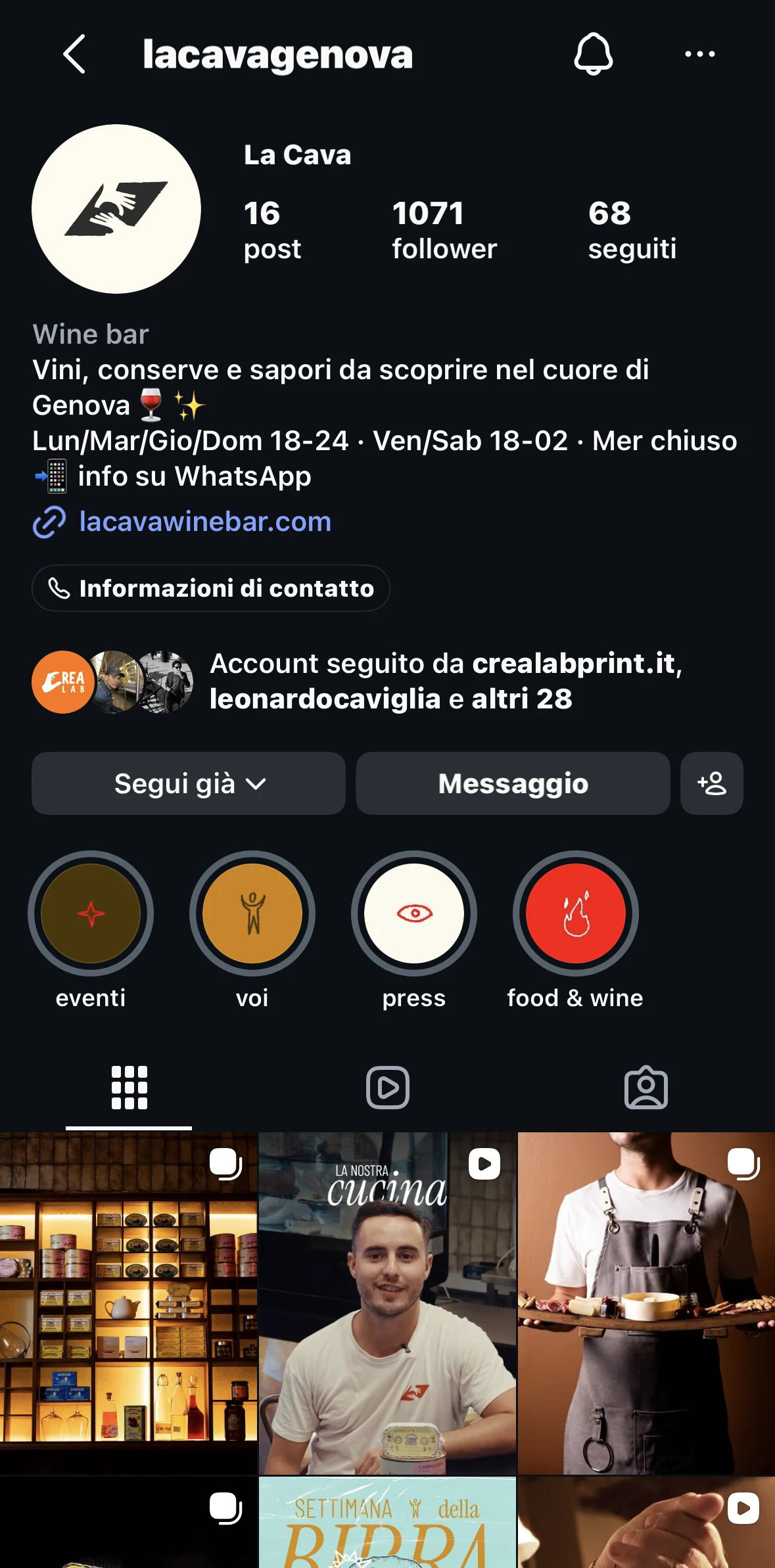 Profilo Instagram @lacavagenova — 1.071 follower