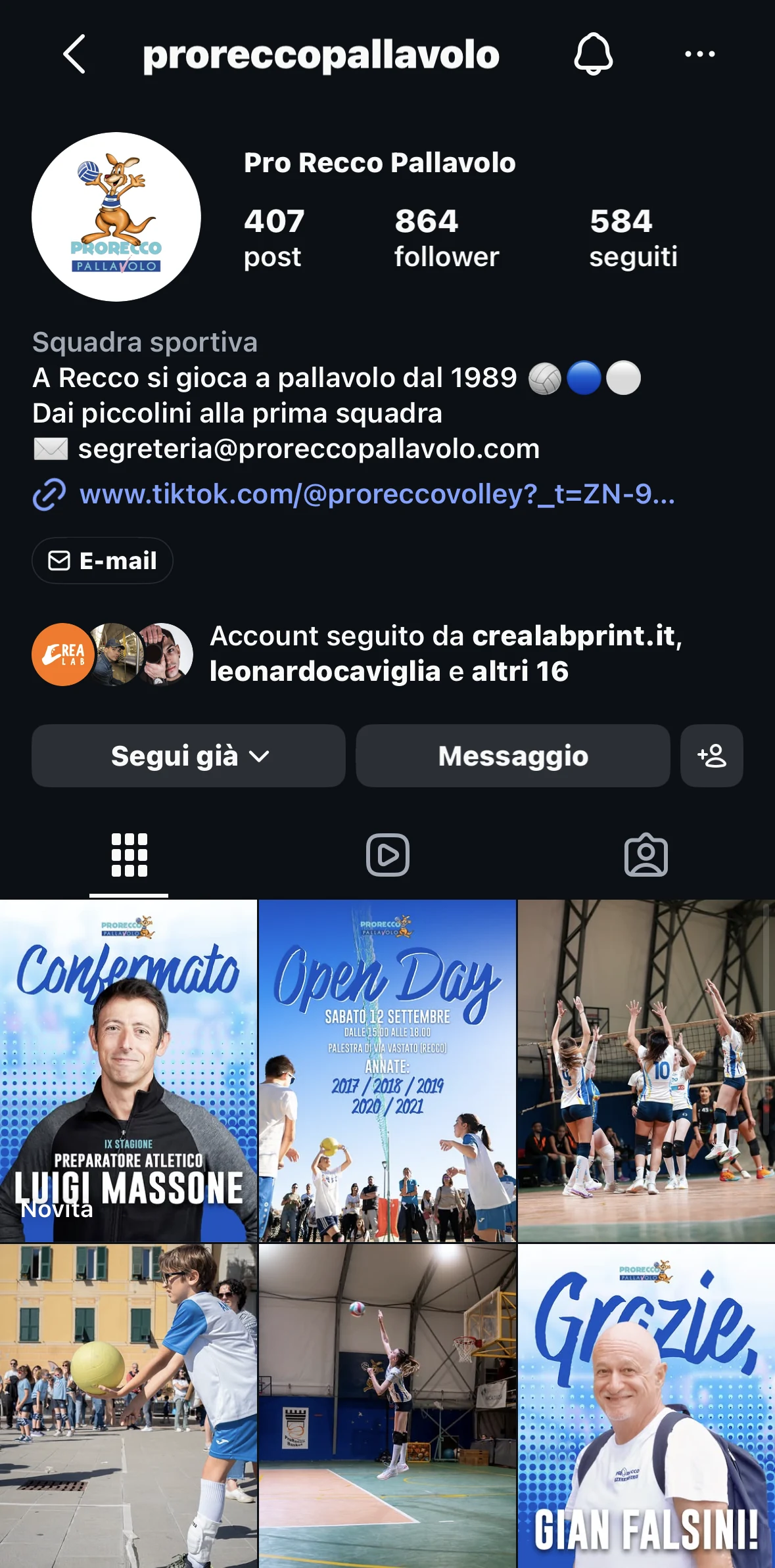 Profilo Instagram @proreccopallavolo — 864 follower