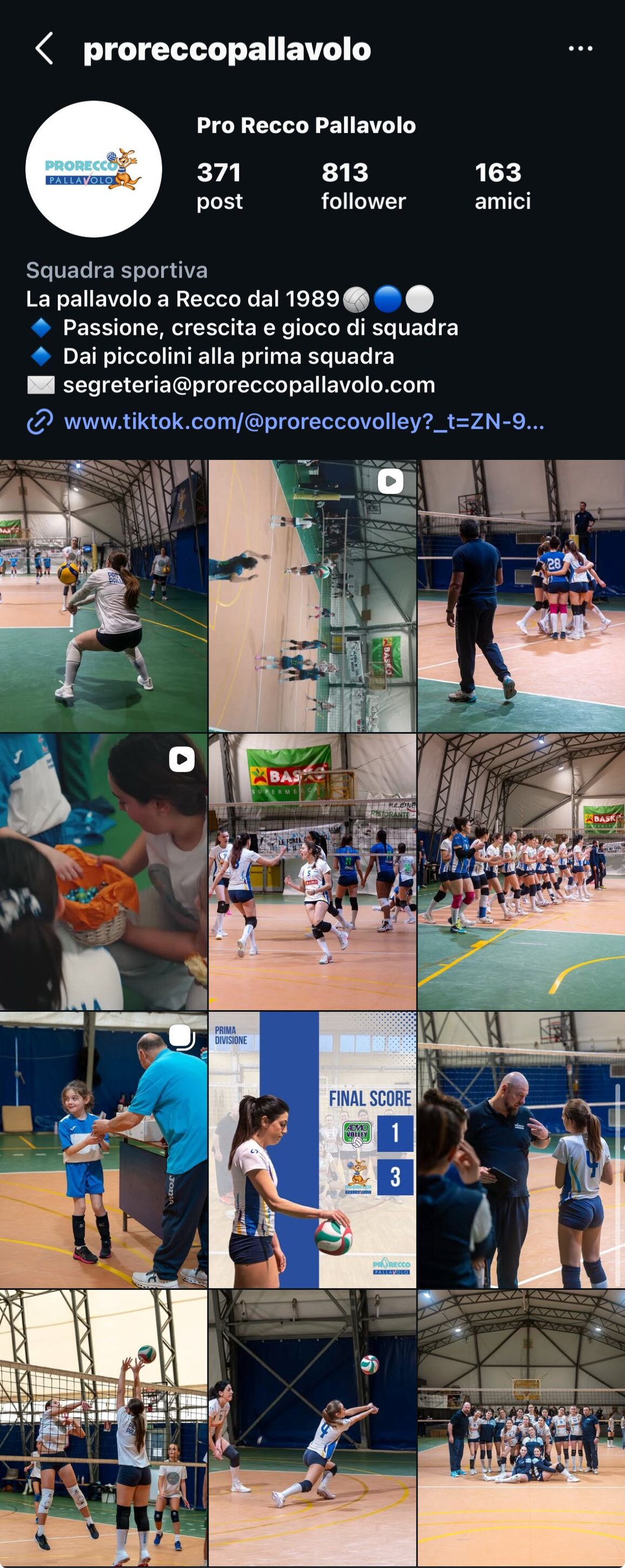 Profilo Instagram Pro Recco Pallavolo gestito da Crea Studio